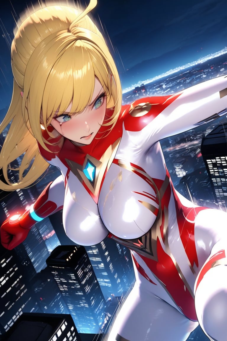 Ultragirl DY, white bodysuit, ((fighting stance, close up, tension, dutch angle)), from above, city scape, Skyscraper, night, motion lines, 