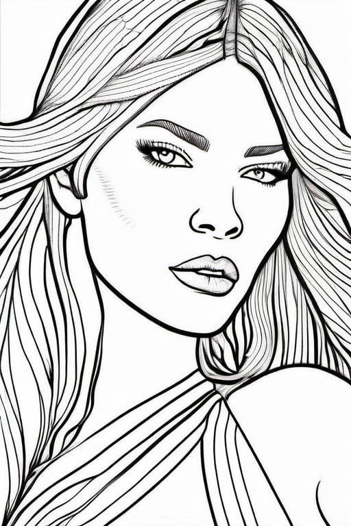 Coloring page, white and black draw, woman. 