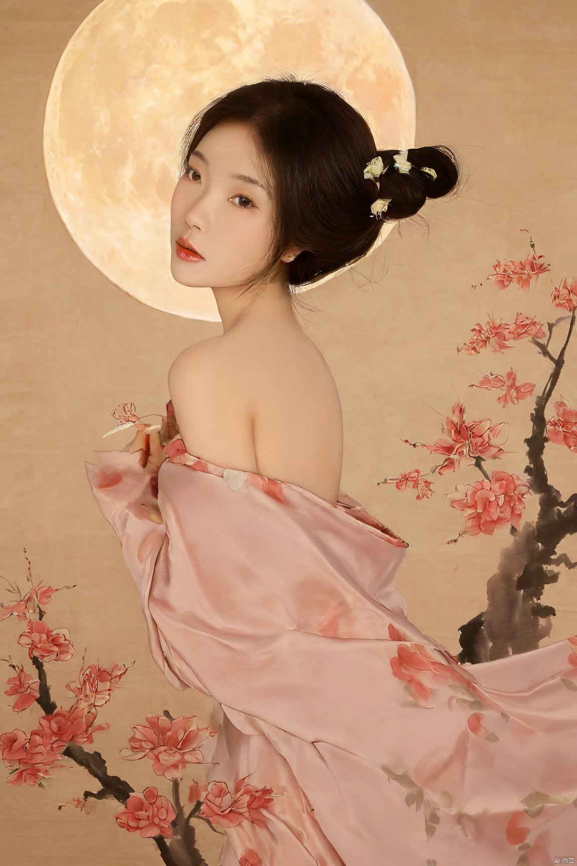 1girl,Xnangongwan,moon,flowers,big breasts, traditional chinese ink painting,chinese woman