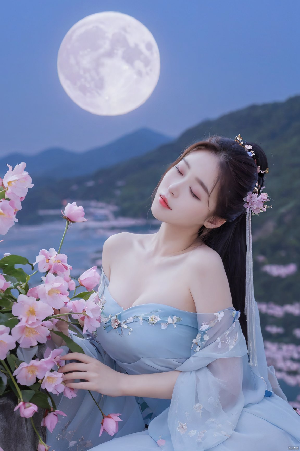 1girl,Xnangongwan,flower,big breasts,moon