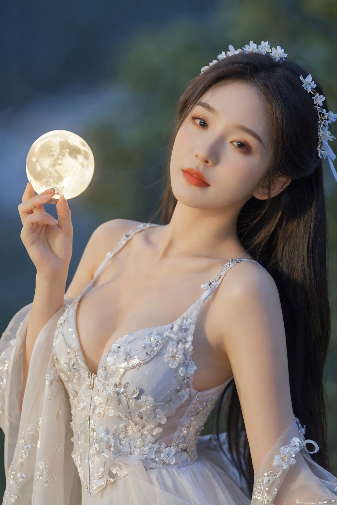 1girl,Xnangongwan,flower,big breasts,moon