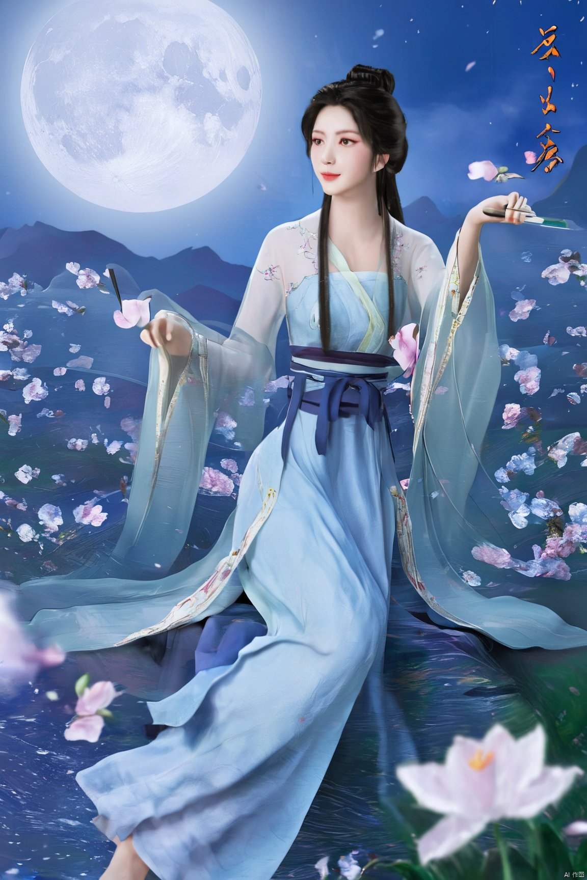 1girl,Xnangongwan,flower,big breasts,moon