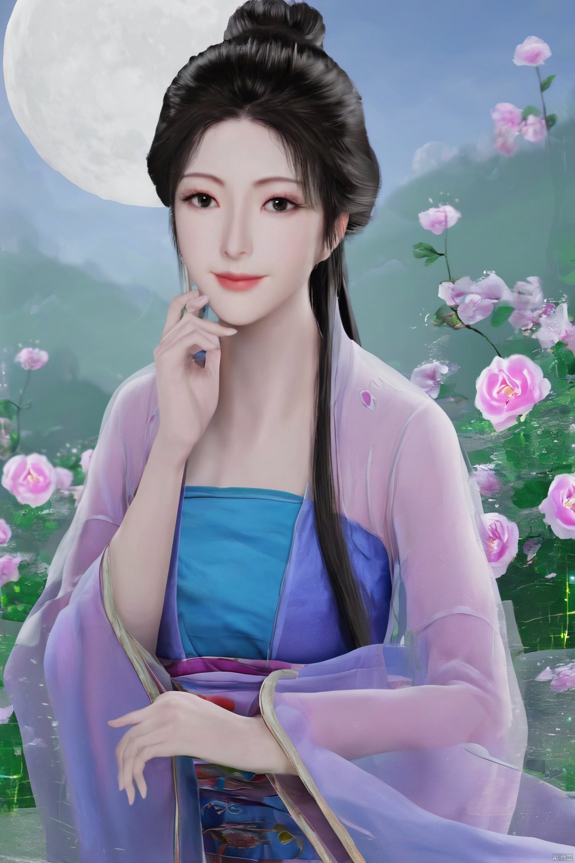 1girl,Xnangongwan,flower,big breasts,moon