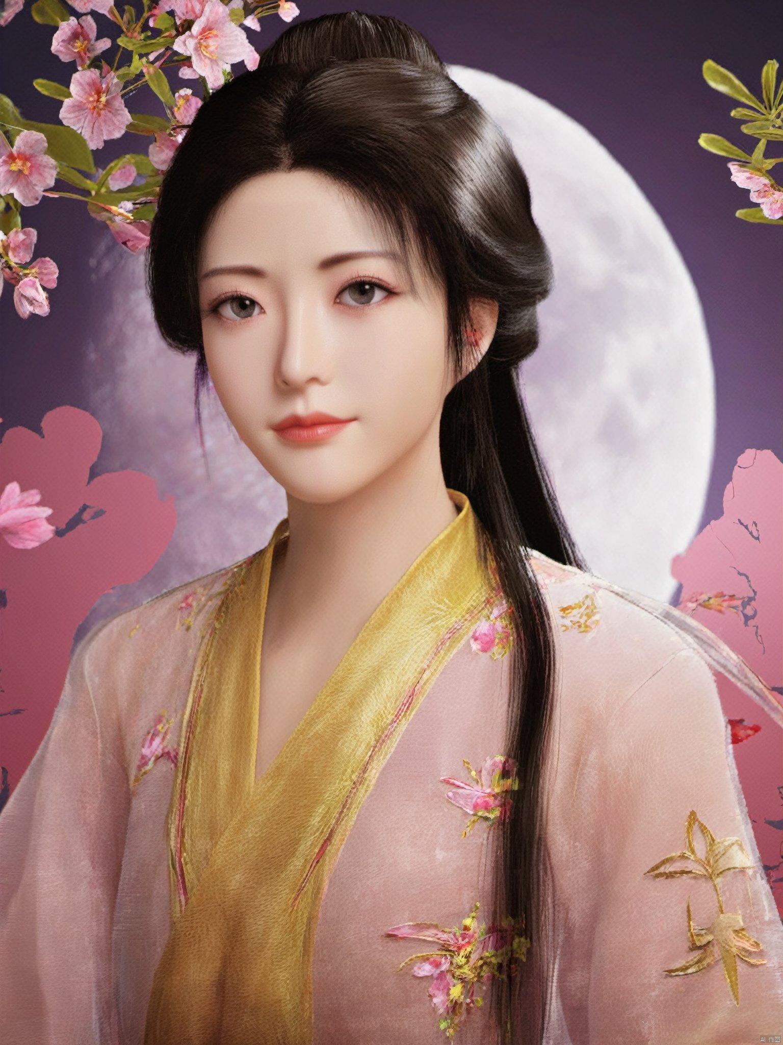 1girl,Xnangongwan,moon,flowers,big breasts