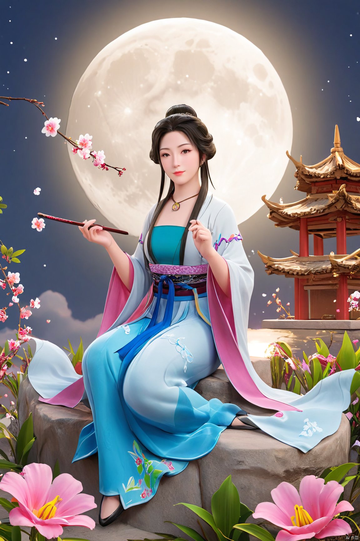 1girl,Xnangongwan,flower,big breasts,moon