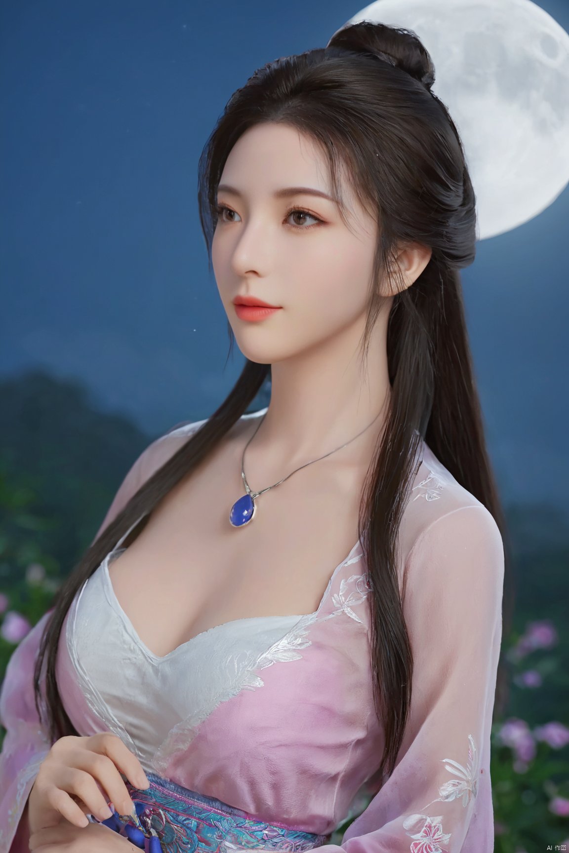 1girl,Xnangongwan,flower,big breasts,moon