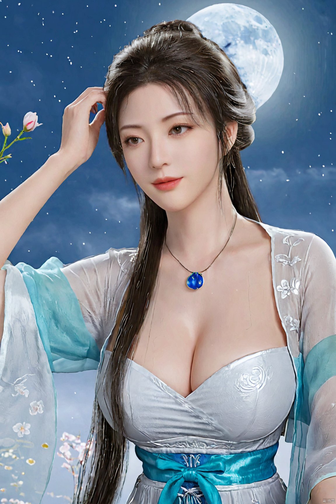 1girl,Xnangongwan,flower,big breasts,moon