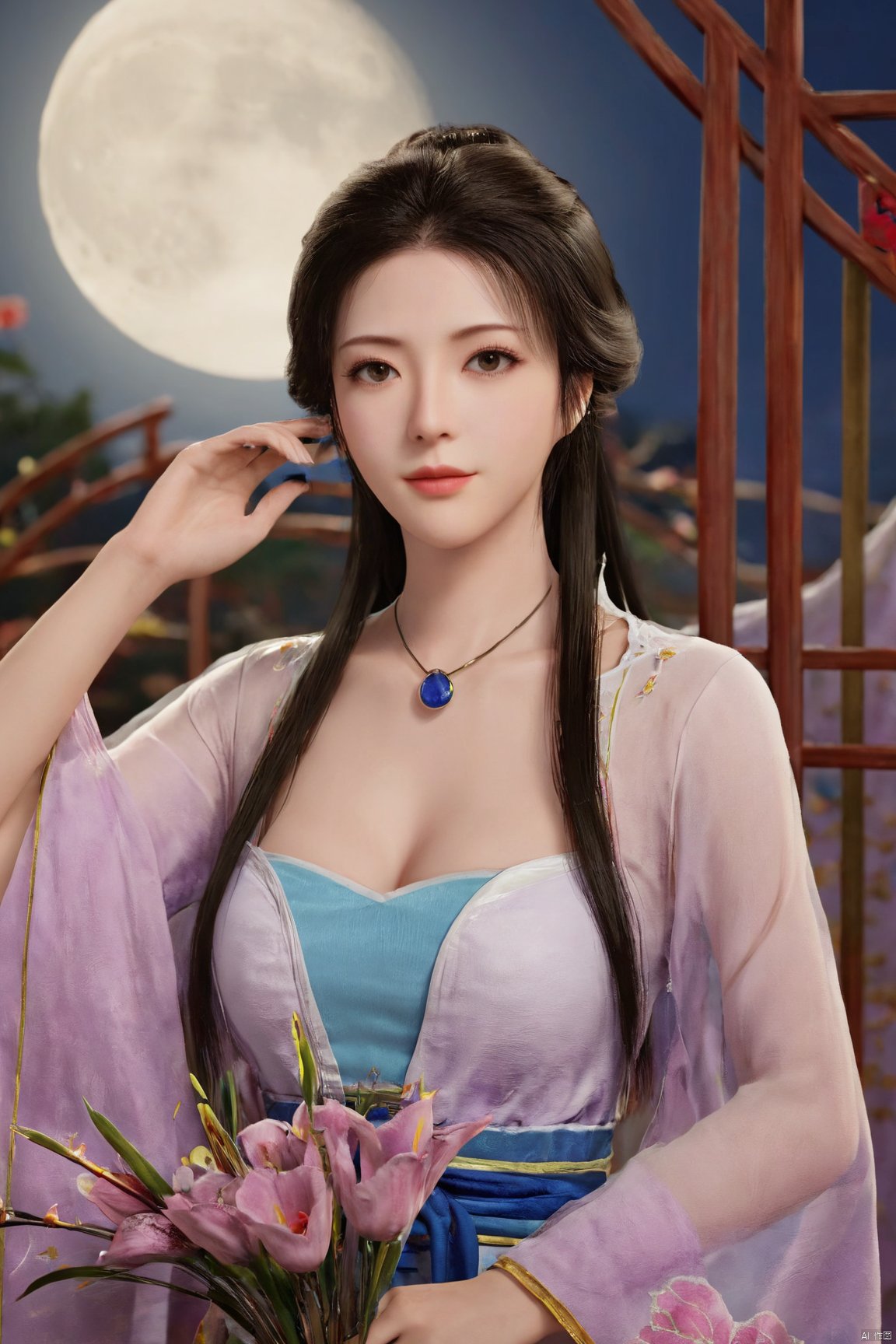 1girl,Xnangongwan,flower,big breasts,moon