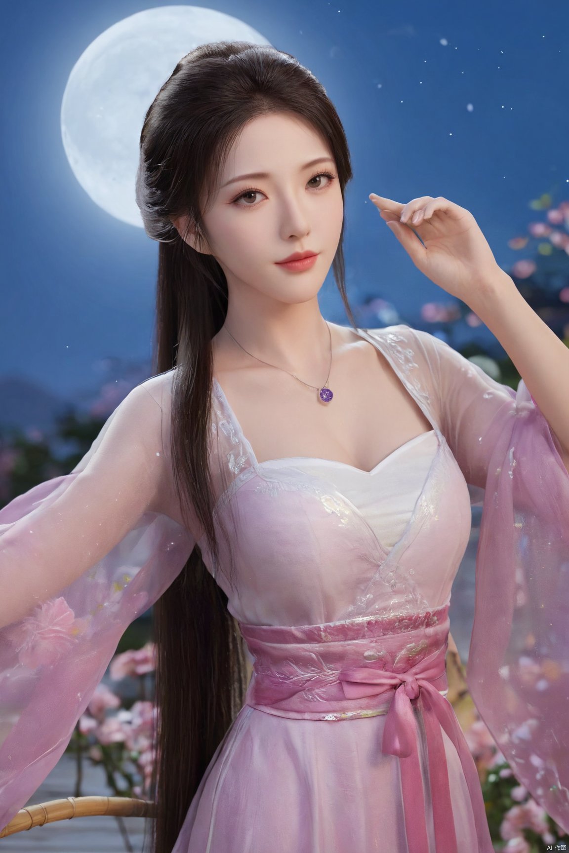 1girl,Xnangongwan,flower,big breasts,moon