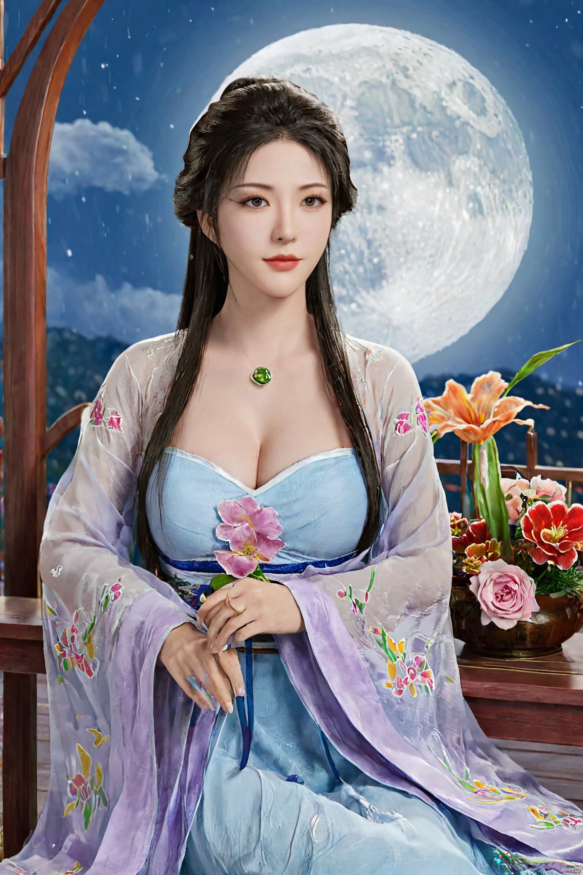 1girl,Xnangongwan,flower,big breasts,moon