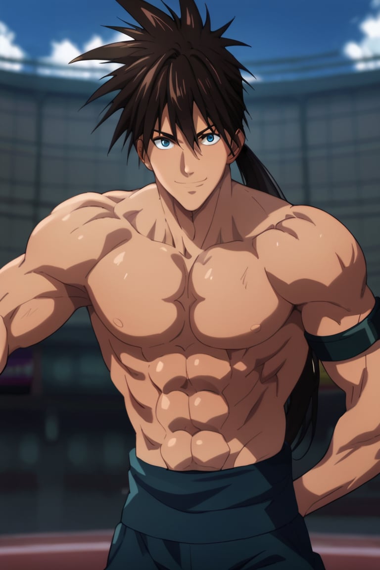 score_9,score_8_up,score_7_up,source_anime,1boy, male, solo,  looking at viewer, Suiryu,brown hair,blue eyes, long hair, ponytail,black armband,abs,pectorals, fighting pose, smile, 
