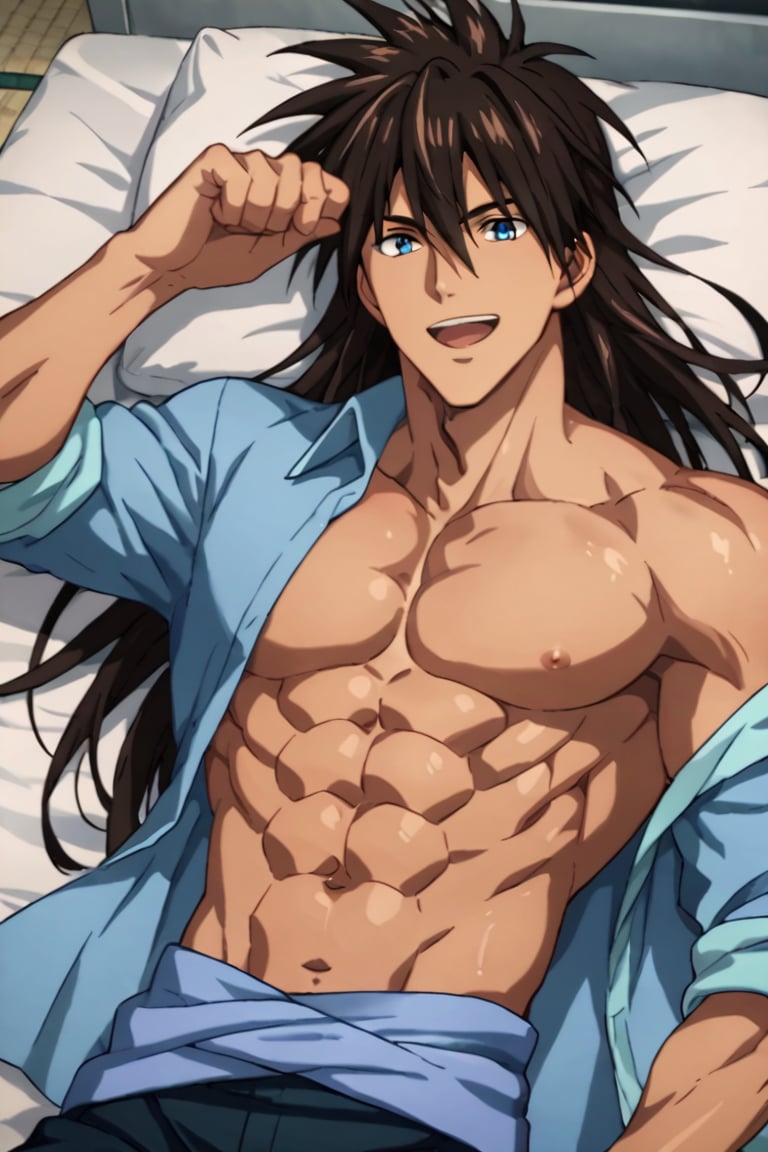 score_9,score_8_up,score_7_up,source_anime,1boy, male, solo,  looking at viewer, Suiryu,brown hair,blue eyes, long hair, star \(symbol\), smile, musclar, indoors, lying, bed, abs, pectoralis, open shirt, open mouth, smile,