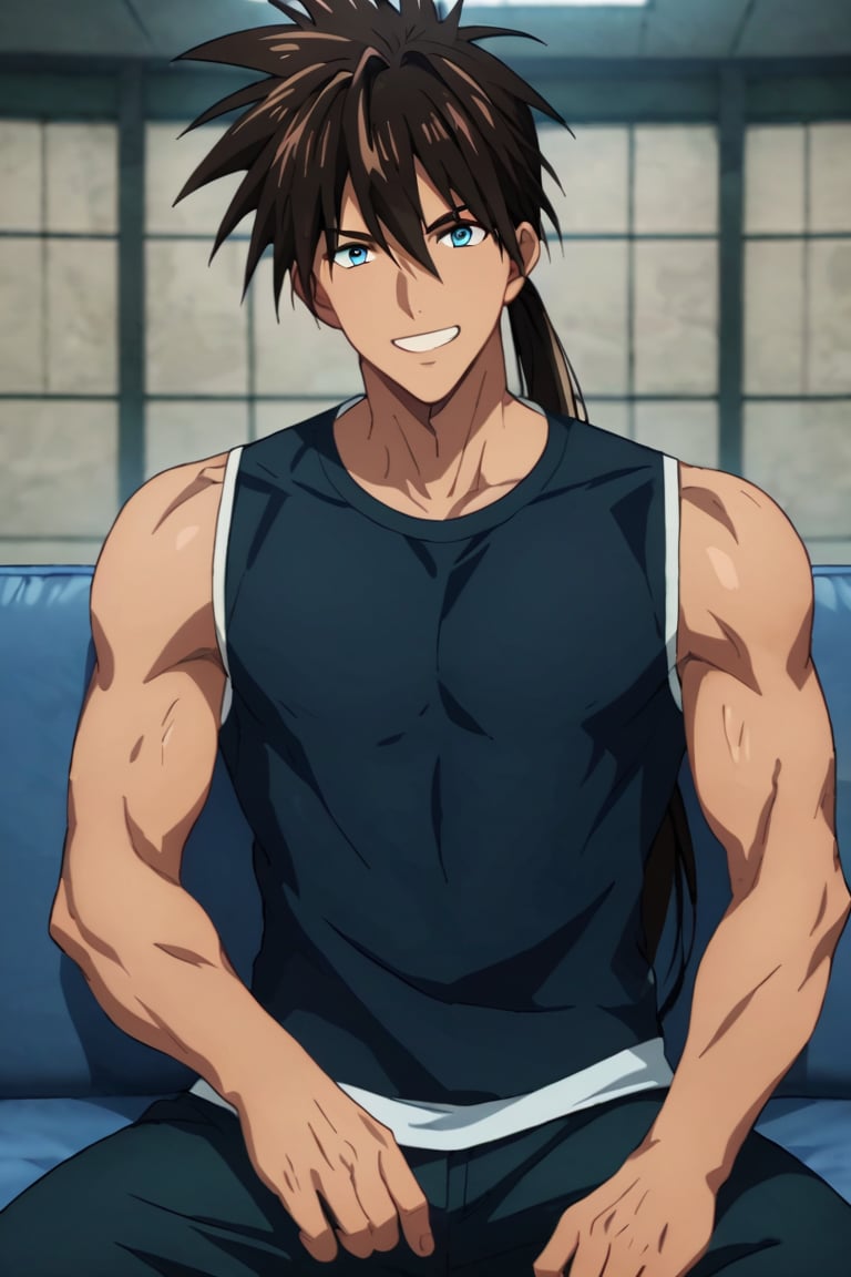score_9,score_8_up,score_7_up,source_anime,1boy, male, solo,  looking at viewer, Suiryu,brown hair,blue eyes, long hair, ponytail,star \(symbol\), smile, musclar,t-shirt, sleeveless, grin, indoors, sitting,