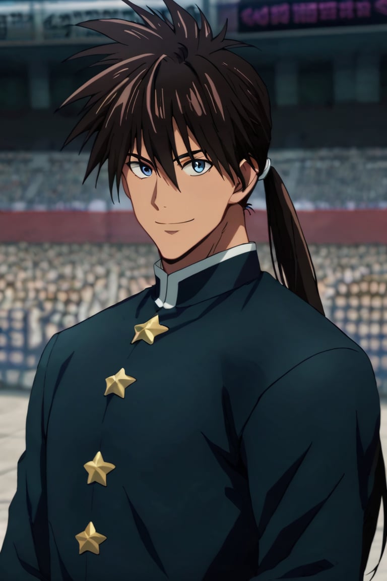 score_9,score_8_up,score_7_up,source_anime,1boy, male, solo,  looking at viewer, Suiryu,brown hair,blue eyes, long hair, ponytail,star \(symbol\), smile, musclar,  uniform,