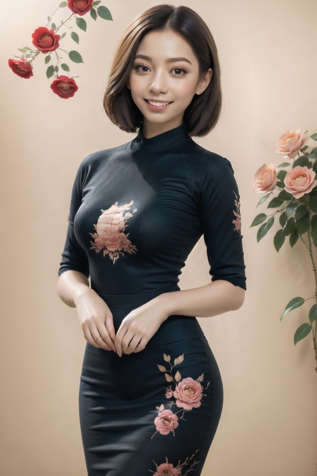 a young beautiful woman leaning against colorful wall printed botanial patterns at pop-style Private Rooms,kind smile,bangs,messy short-bob,detailed realistic clothes,soft tone,only in four colors,