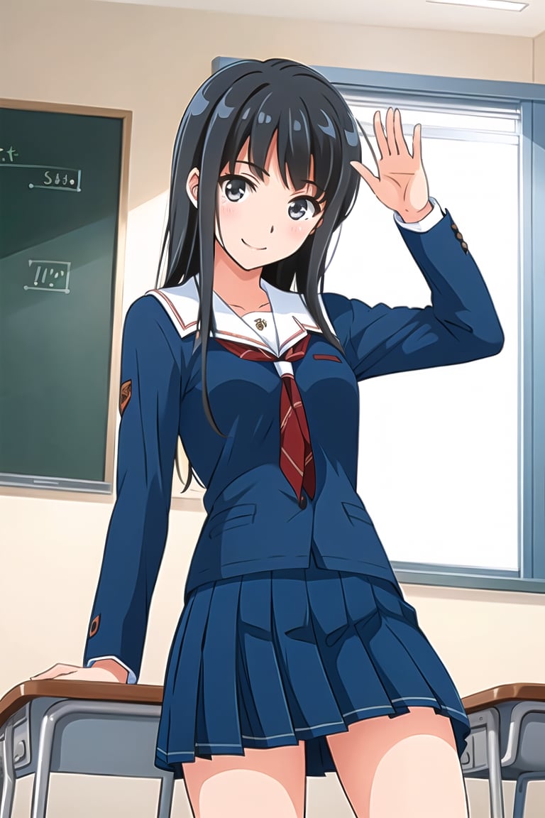 (Best picture quality, Top quality, Masterpiece: 1.3), (Sharp picture quality),Black hair, , long-hair,school_uniform,mini_skirt,Dark blue skirt,School Classrooms,smile,waving