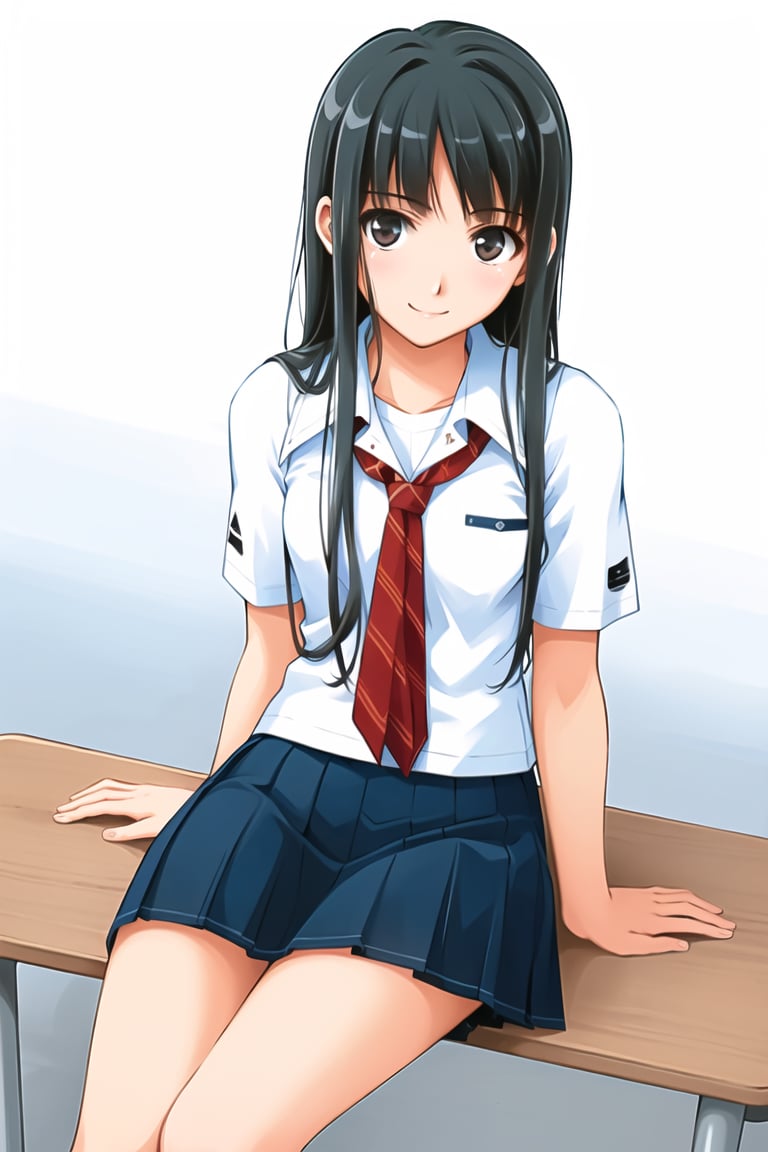 (Best picture quality, Top quality, Masterpiece: 1.3), (Sharp picture quality),Black hair,, long-hair,school_uniform,mini_skirt,Dark blue skirt,School Classrooms,smile,White shirt,back,sitting,
coffee shop,