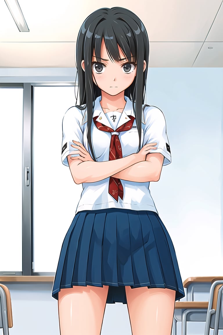 (Best picture quality, Top quality, Masterpiece: 1.3), (Sharp picture quality),Black hair, , long-hair,school_uniform,mini_skirt,Dark blue skirt,School Classrooms,Arms crossed, expressionless,