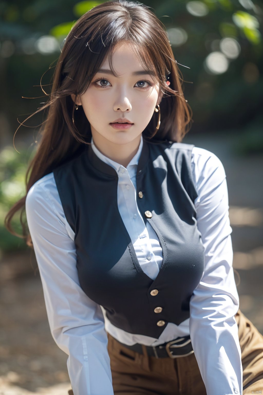 (cowboy_shot:1.2),best quality,8K,masterpiece,clear focus,outstanding style,1 girl,dark hair,large,black vest,highly detailed face and skin texture,detailed eyes,double eyelids, 