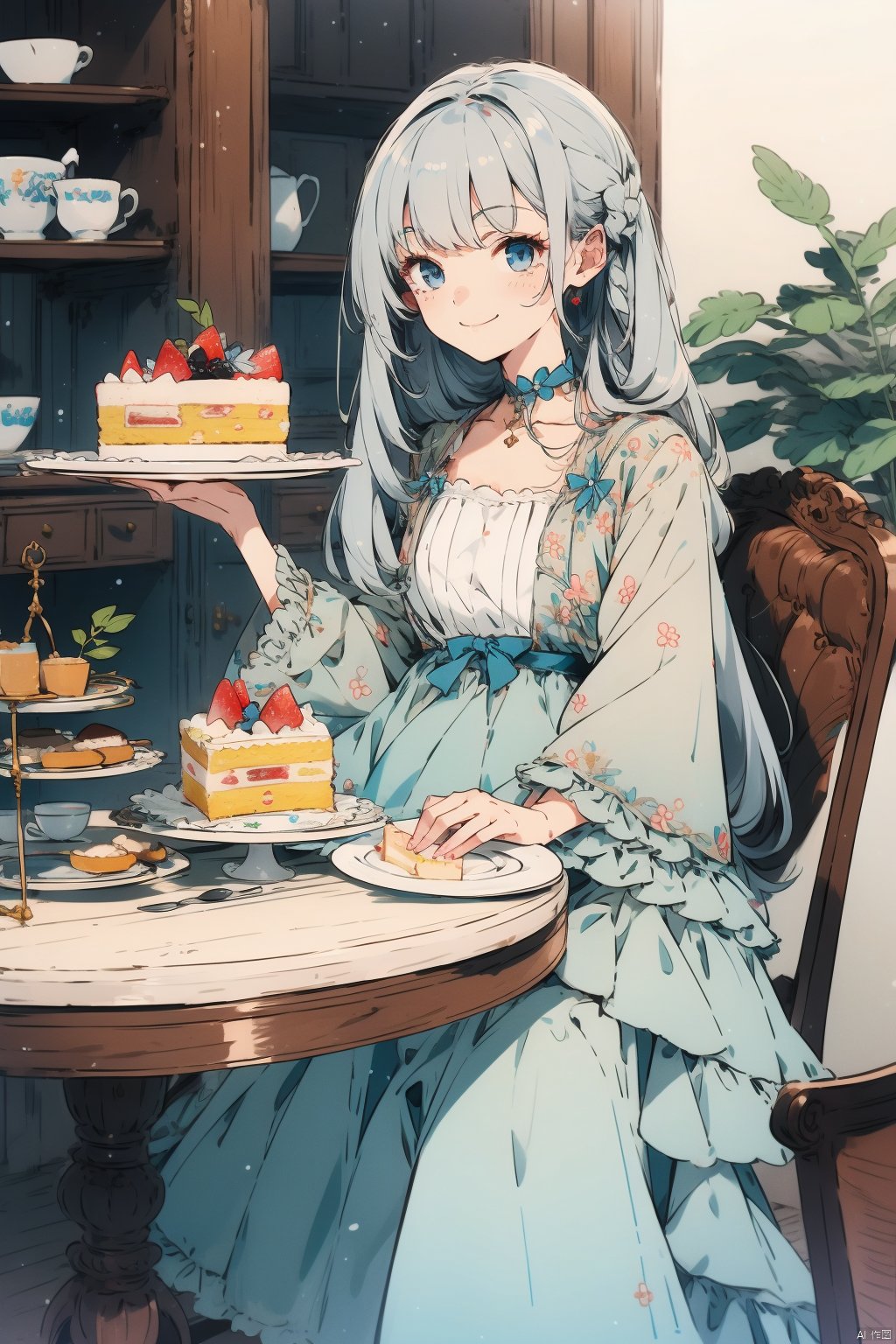 1girl, solo, cake, long_hair, dress, food, cup, table, sitting, holding, blue_eyes, flower, white_dress, teacup, long_sleeves, plant, tiered_tray, cake_slice, frills, smile, white_hair, holding_cup, bow, very_long_hair, closed_mouth