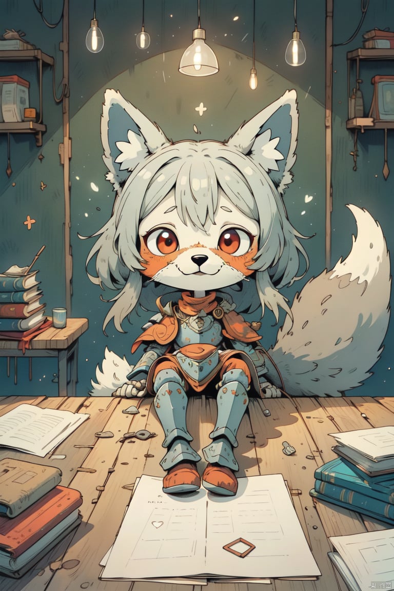 1girl, fox_tail, tail, animal_ears, fox_ears, fox_girl,long white hair, red eyes, furry ears,happy smile,(silver white knight armor:1.2),little breasts ,cute,young child,toddler,Sending Love with Eyes,Full body diagram,intricate details, extremely detailed, incredible details, full colored, complex details, insanely detailed and intricate, extremely detailed with rich colors. masterpiece, best quality, aerial view, HDR, UHD, unreal engine, Representative, fair skin, beautiful face, Rich in details High quality, gorgeous, glamorous, 8k, super detail, detailed decoration, detailed lines,lying on the table and looking up at the viewer
