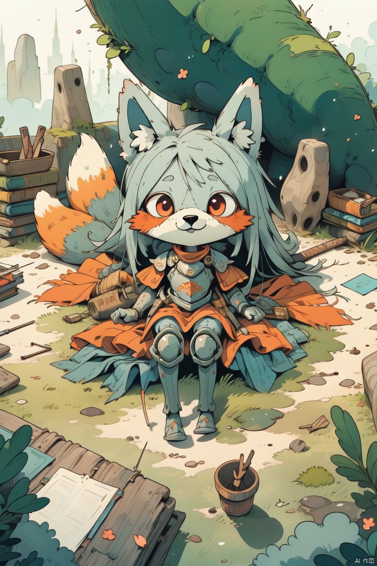 1girl, fox_tail, tail, animal_ears, fox_ears, fox_girl,long white hair, red eyes, furry ears,happy smile,(silver white knight armor:1.2),little breasts ,cute,young child,toddler,Sending Love with Eyes,Full body diagram,intricate details, extremely detailed, incredible details, full colored, complex details, insanely detailed and intricate, extremely detailed with rich colors. masterpiece, best quality, aerial view, HDR, UHD, unreal engine, Representative, fair skin, beautiful face, Rich in details High quality, gorgeous, glamorous, 8k, super detail, detailed decoration, detailed lines,lying on the table and looking up at the viewer
