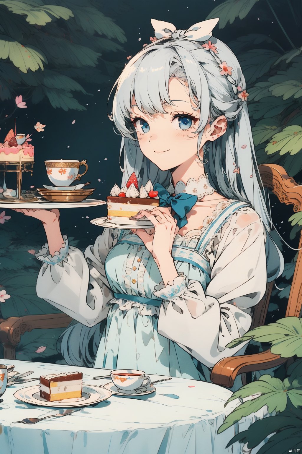 1girl, solo, cake, long_hair, dress, food, cup, table, sitting, holding, blue_eyes, flower, white_dress, teacup, long_sleeves, plant, tiered_tray, cake_slice, frills, smile, white_hair, holding_cup, bow, very_long_hair, closed_mouth