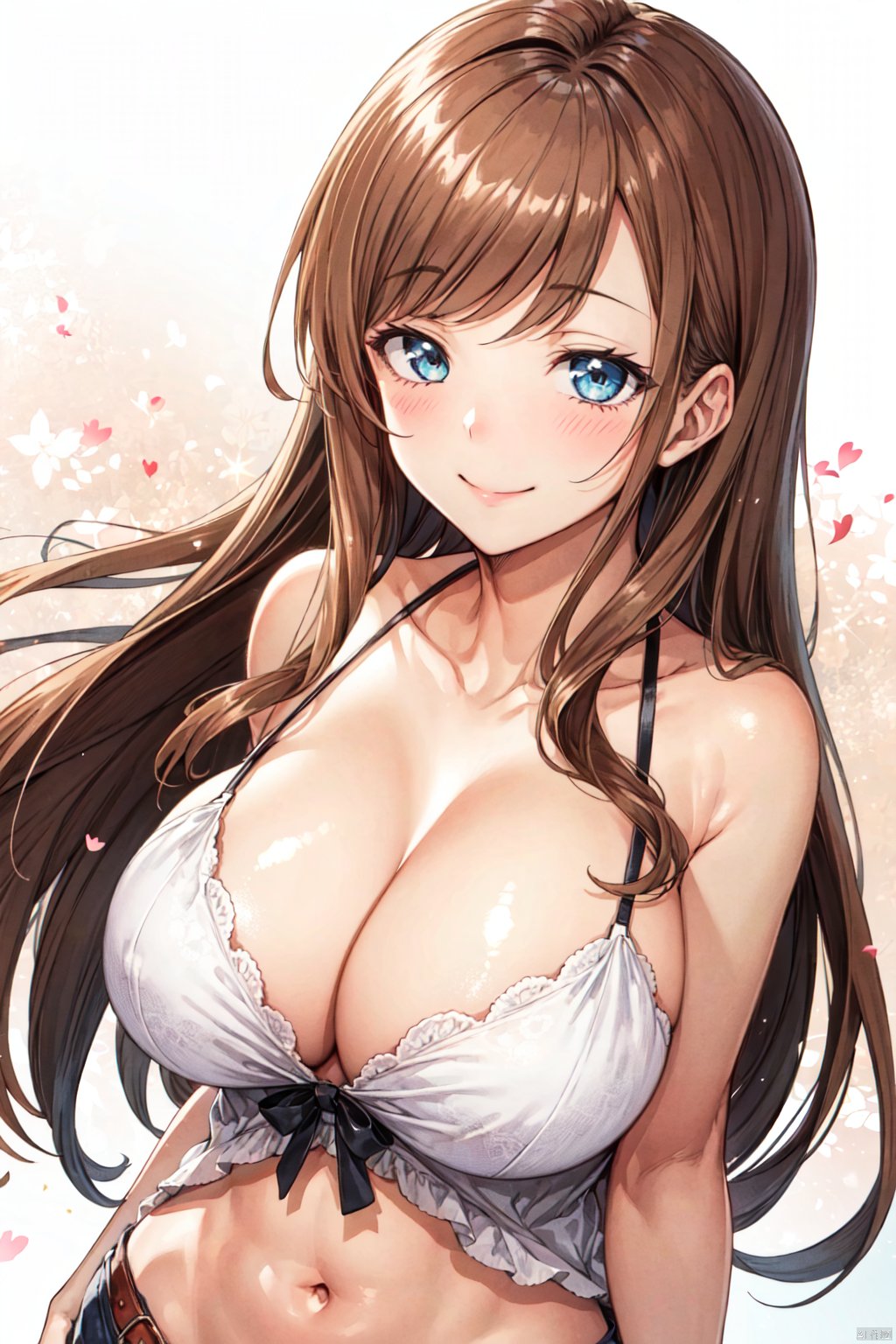 1girl, solo, long hair, breasts, looking at viewer, blush, smile, bangs, large breasts, brown hair, navel, cleavage, bare shoulders, ,aiue,sanada