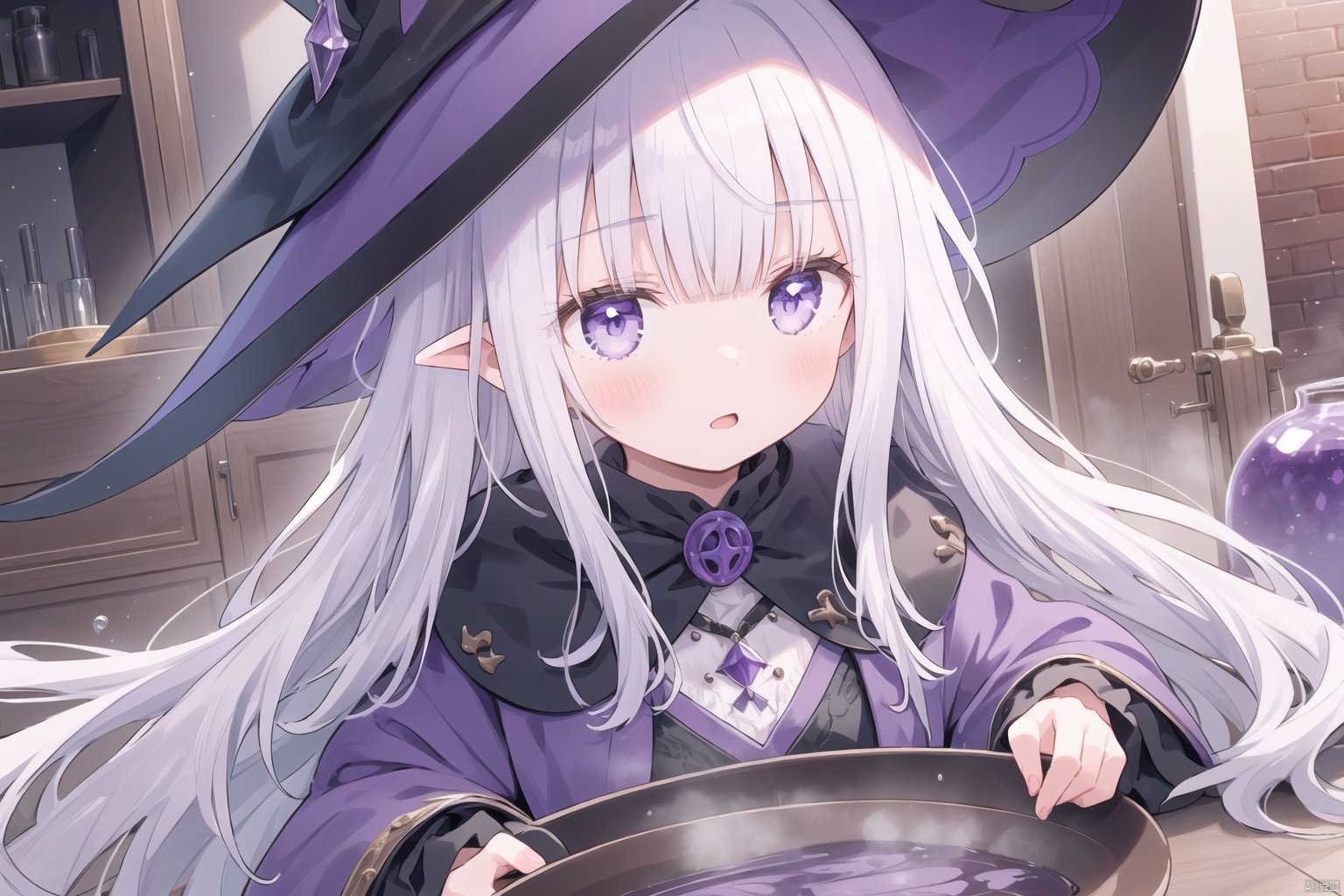 1girl, white hair, purple eyes, witch hat, brewing potion, magic circle, bubbling cauldron, musty dungeon, extremely detailed

