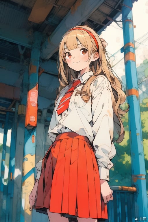 1girl, solo, long hair, looking at viewer, smile, bangs, skirt, blonde hair, shirt, long sleeves, bow, brown eyes, closed mouth, school uniform, yellow eyes, white shirt, hair bow, pleated skirt, hairband, necktie, collared shirt, artist name, blunt bangs, sweater, red skirt, wavy hair, red necktie