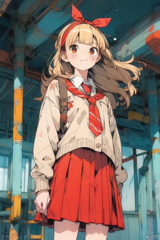 1girl, solo, long hair, looking at viewer, smile, bangs, skirt, blonde hair, shirt, long sleeves, bow, brown eyes, closed mouth, school uniform, yellow eyes, white shirt, hair bow, pleated skirt, hairband, necktie, collared shirt, artist name, blunt bangs, sweater, red skirt, wavy hair, red necktie