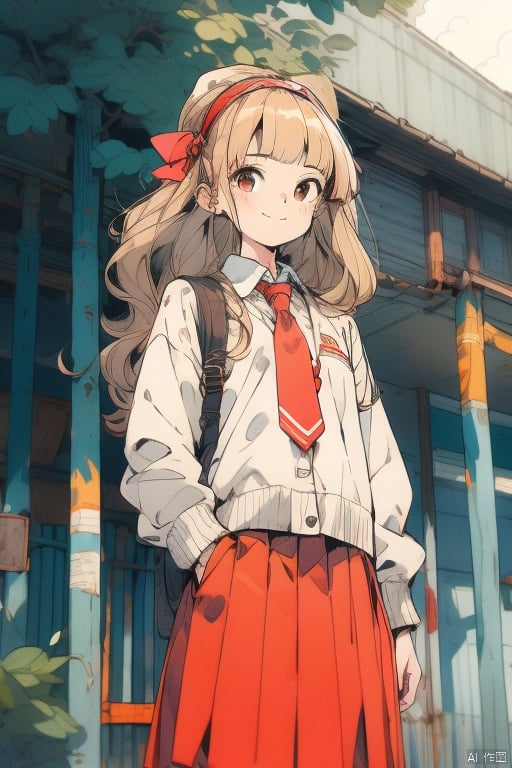 1girl, solo, long hair, looking at viewer, smile, bangs, skirt, blonde hair, shirt, long sleeves, bow, brown eyes, closed mouth, school uniform, yellow eyes, white shirt, hair bow, pleated skirt, hairband, necktie, collared shirt, artist name, blunt bangs, sweater, red skirt, wavy hair, red necktie