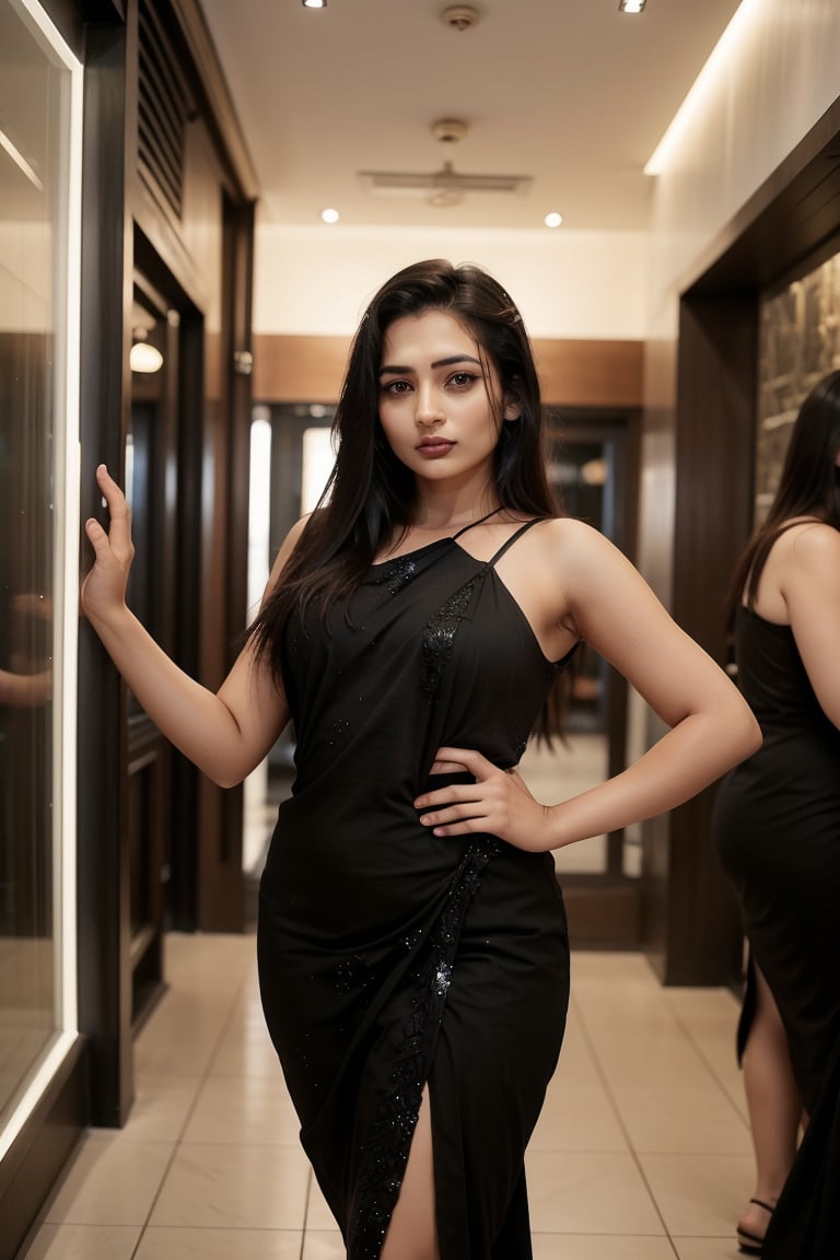 beautiful cute young attractive girl indian, teenage girl, village girl,18 year old,cute, instagram model,long black hair, red dress . Confident Indian Instagram model posed amidst pulsating pub disco lights, her black hair flowing behind her as she effortlessly dances with friends in a modern setting at night. wearing a party dress, dazzeling dress, The well-lit atmosphere highlights delicate patterns on paperwork, matching with the vibrant brightness of the scene. Her dark hair adds depth and dimension against the colorful backdrop. , Paperwork, intricate paper cutting with layered textures and delicate patterns, --ar 16:9 --v 5,38 years old plump women 