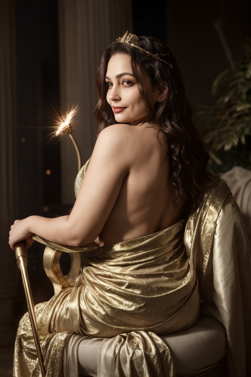 A sumptuous portrait of a 38-year-old woman with a robust figure, inspired by traditional mythological goddesses. She sits majestically on a velvet throne, adorned in flowing golden robes, her dark hair cascading down her back like a waterfall. Soft, warm lighting illuminates her plump features, accentuating her full lips and radiant smile. A gleaming golden tiara rests atop her curly locks, as she confidently holds a symbolic staff, exuding power and femininity.