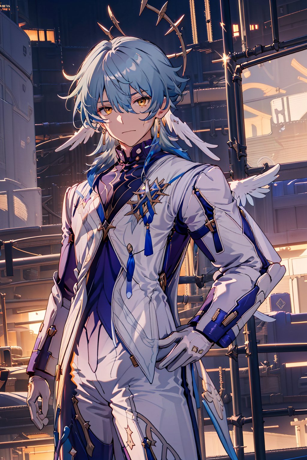 /Sunday//,1boy,hair between eyes,solo,looking at viewer,long hair,bangs,jewelry,gloves,hair between eyes,closed mouth,blue hair,yellow eyes,male focus,outdoors,pants,white, gloves,vest,coat,hand on hip,night,white pants,white coat,Serious eyes,HEAD WINGS,robin