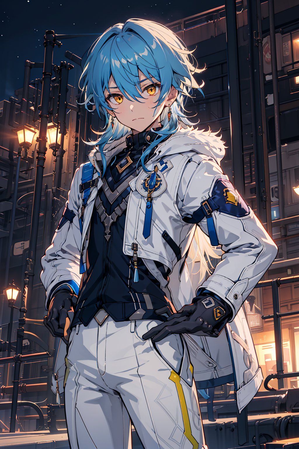 /Sunday//,1boy,hair between eyes,solo,looking at viewer,long hair,bangs,jewelry,gloves,hair between eyes,closed mouth,blue hair,yellow eyes,male focus,outdoors,pants,white, gloves,vest,coat,hand on hip,night,white pants,white coat