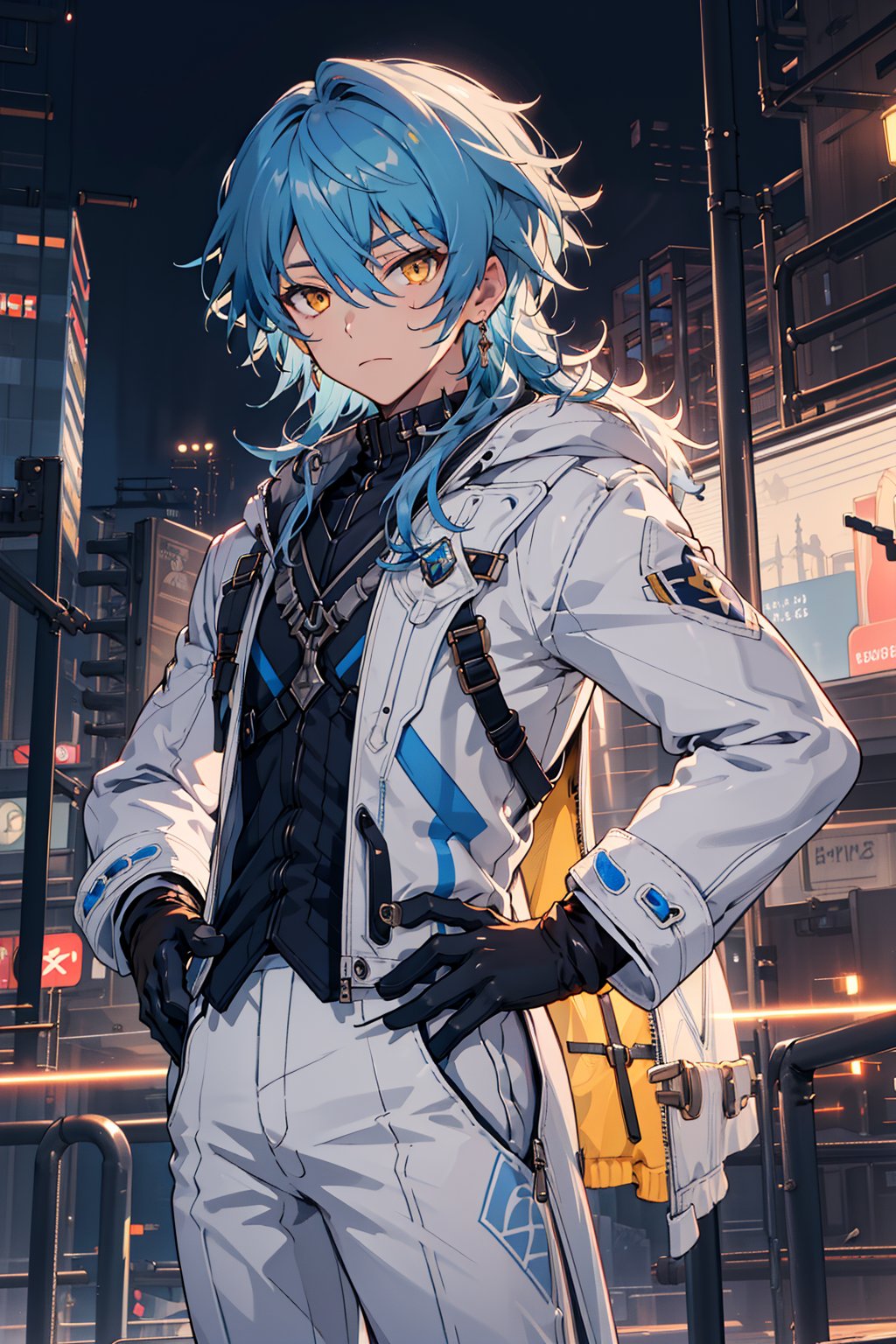 /Sunday//,1boy,hair between eyes,solo,looking at viewer,long hair,bangs,jewelry,gloves,hair between eyes,closed mouth,blue hair,yellow eyes,male focus,outdoors,pants,white, gloves,vest,coat,hand on hip,night,white pants,white coat