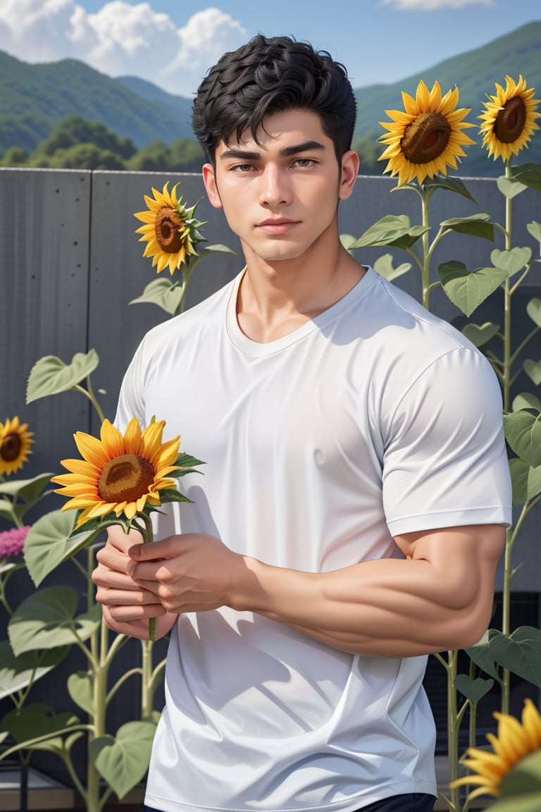 solo, looking at viewer, short hair, shirt, black hair, 1boy, holding, brown eyes, white shirt, upper body, flower, short sleeves, male focus, outdoors, day, blurry, t-shirt, realistic, yellow flower, sunflower, holding flower