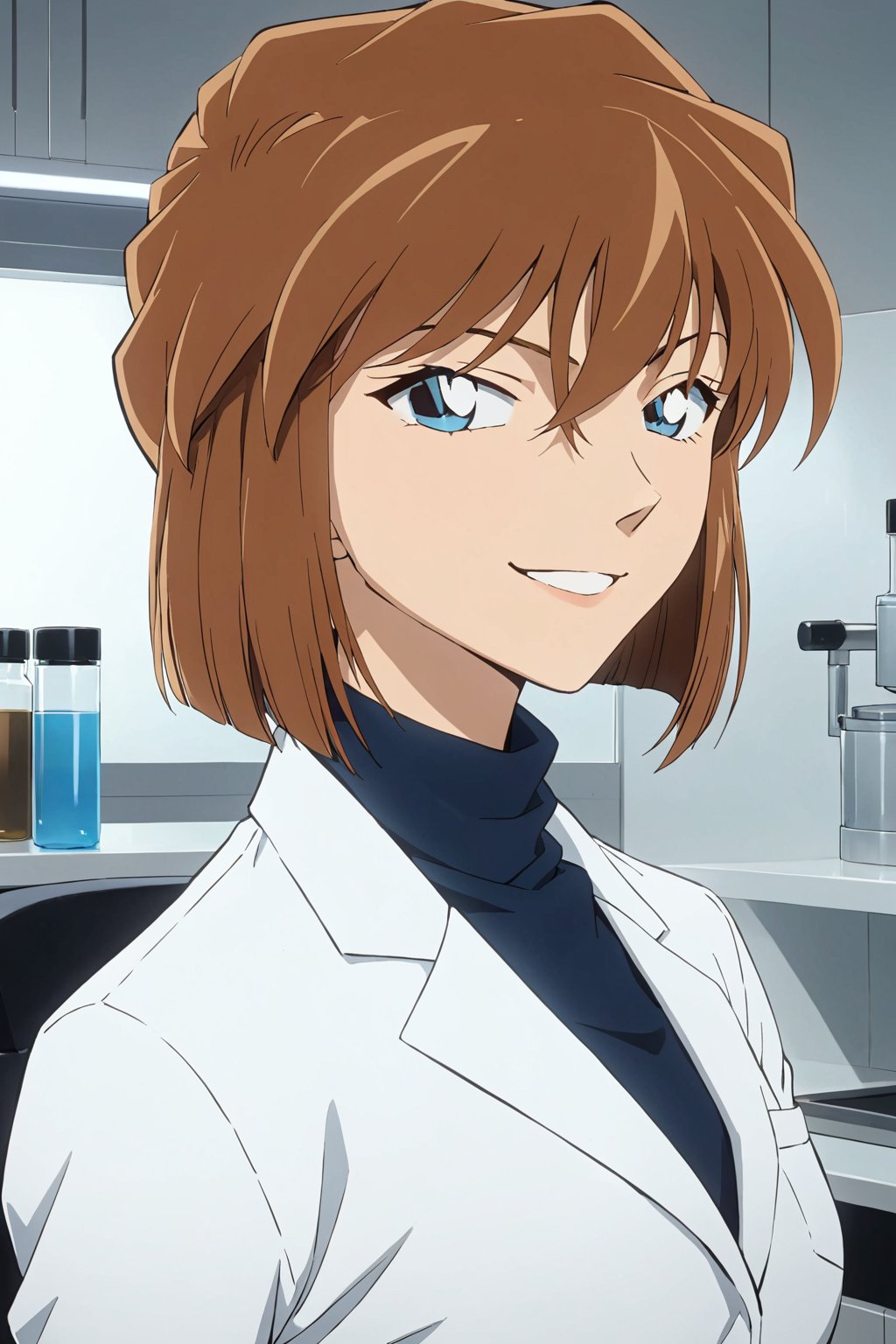 smile  ,   in a laboratory   , ( masterpiece , ultra Detailed     ),   
shellyai , miyano shiho  ,  
brown hair, hair between eyes,  blue eyes, shiny hair,  short hair, 
 meitantei conan