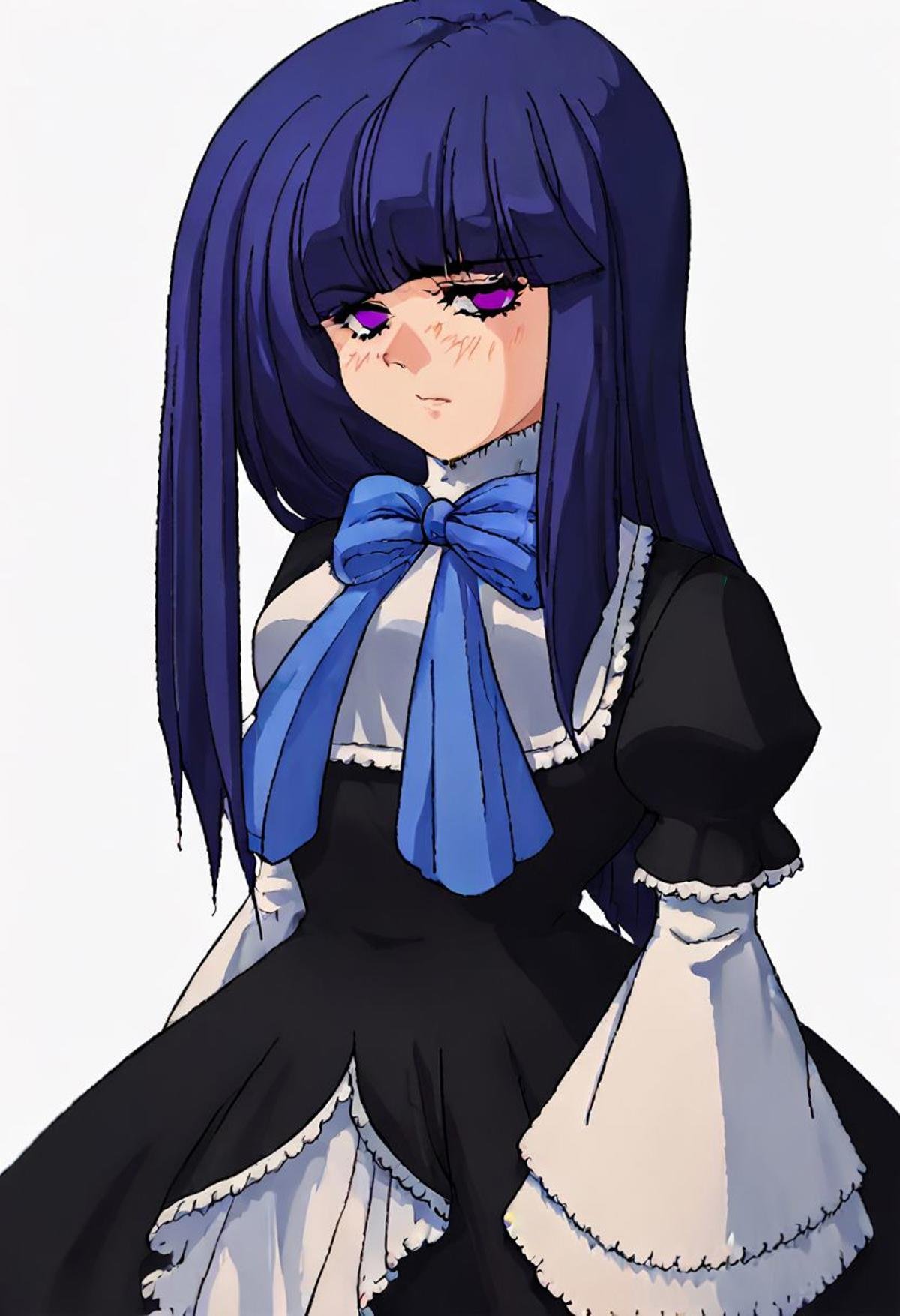 score_9, score_8_up, score_7_up, source_cartoon, (by ryukishi07:1.55), 1girl, solo, frederica bernkastel, long hair, blue hair, purple eyes, black dress, frills, blue bow, white socks, mary janes