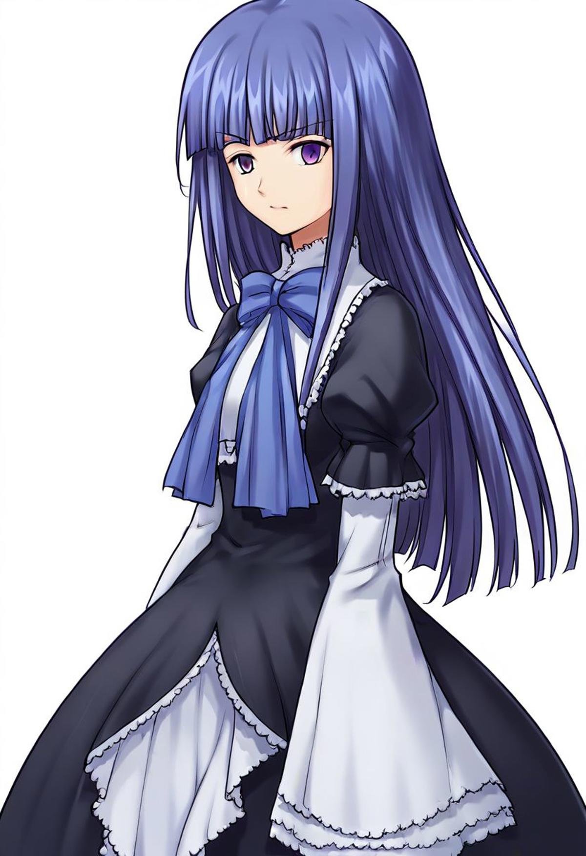 score_9, score_8_up, score_7_up, source_anime, source_cartoon, (umineko style, by alchemist:1.45), 1girl, solo, frederica bernkastel, long hair, blue hair, purple eyes, black dress, frills, blue bow, white socks, mary janes