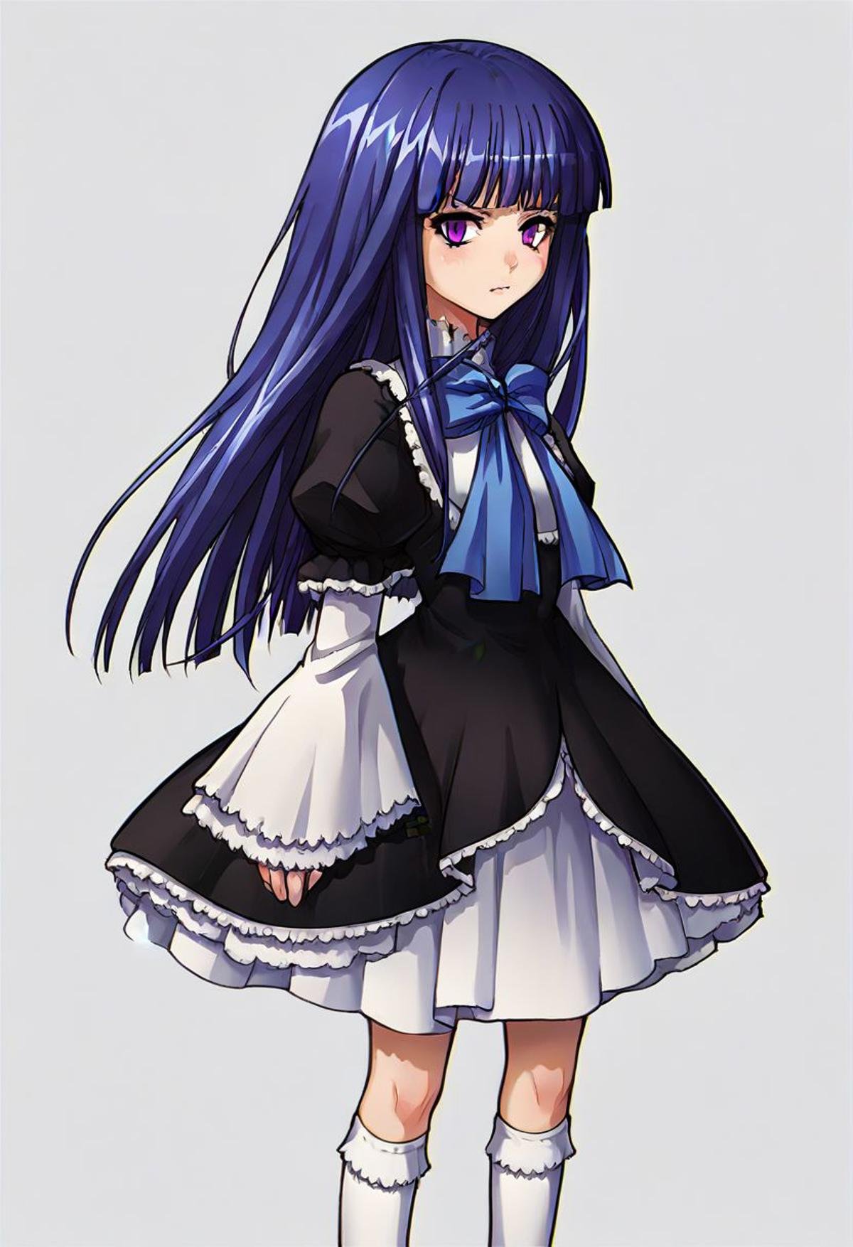 score_9, score_8_up, score_7_up, source_anime, source_cartoon, (umineko style, by pachinko:1.45), 1girl, solo, frederica bernkastel, long hair, blue hair, purple eyes, black dress, frills, blue bow, white socks, mary janes