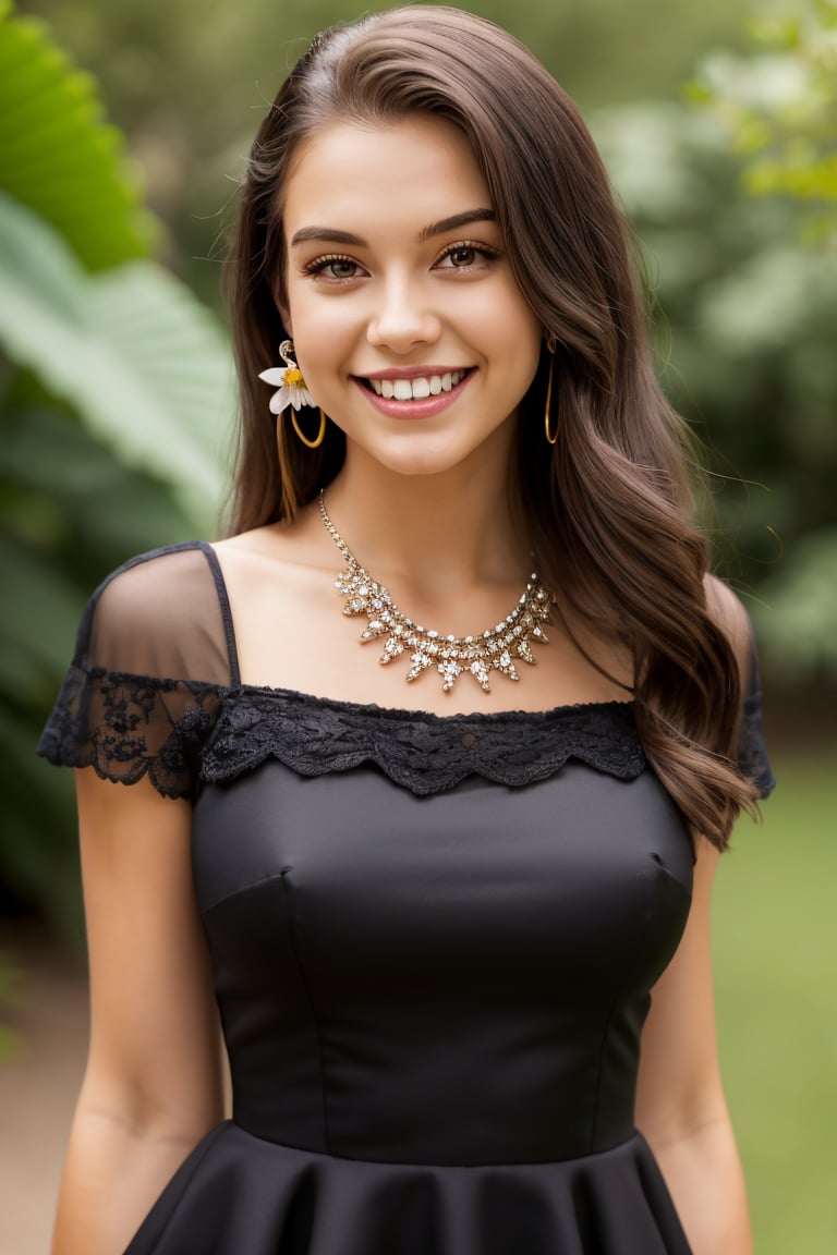 1girl, solo, long hair, looking at viewer, smile, brown hair, black hair, dress, jewelry, upper body, flower, earrings, outdoors, teeth, necklace, grin, black dress, white flower, realistic