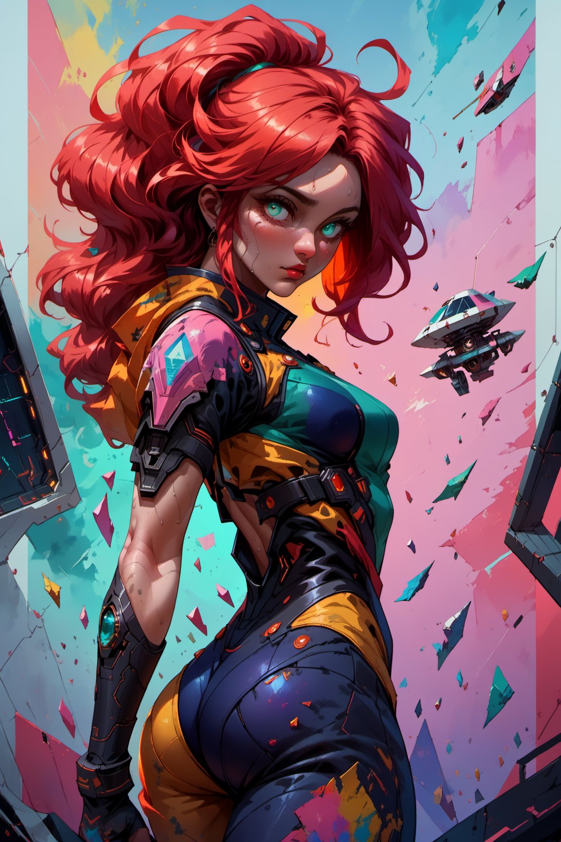 score_9, score_8_up, score_7_up, beautiful girl engineer. stripes, cute face. wearing futuristic jumpsuit. dirty skin, skinny. engine room of a spaceship. detailed background. medium chest. indoor, from back, looking back. sweating. holographic terminals. Huge hip. Spaceship background,th3m¢