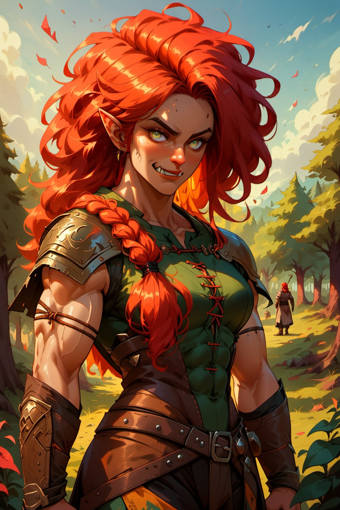 score_9, score_8_up, score_7_up, orc girl. Viking hair style, Viking outfit. red hair. muscular, smirking, cowboy_shot. forest village background. ,th3m¢