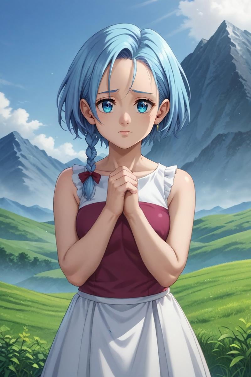 score_9, score_8_up, score_7_up, source_anime, rating_safe, , semi-realistic, looking at viewer, , 1girl, solo, <lora:anne_nnt_mny_pony:0.76>, anne_nnt_mny, blue hair, blue eyes, braid, short hair, upper body, mountain, dawn, own hands together, sad, sleeveless, long skirt, eyepatch, <lora:sdxl_lightning_8step_lora:1>