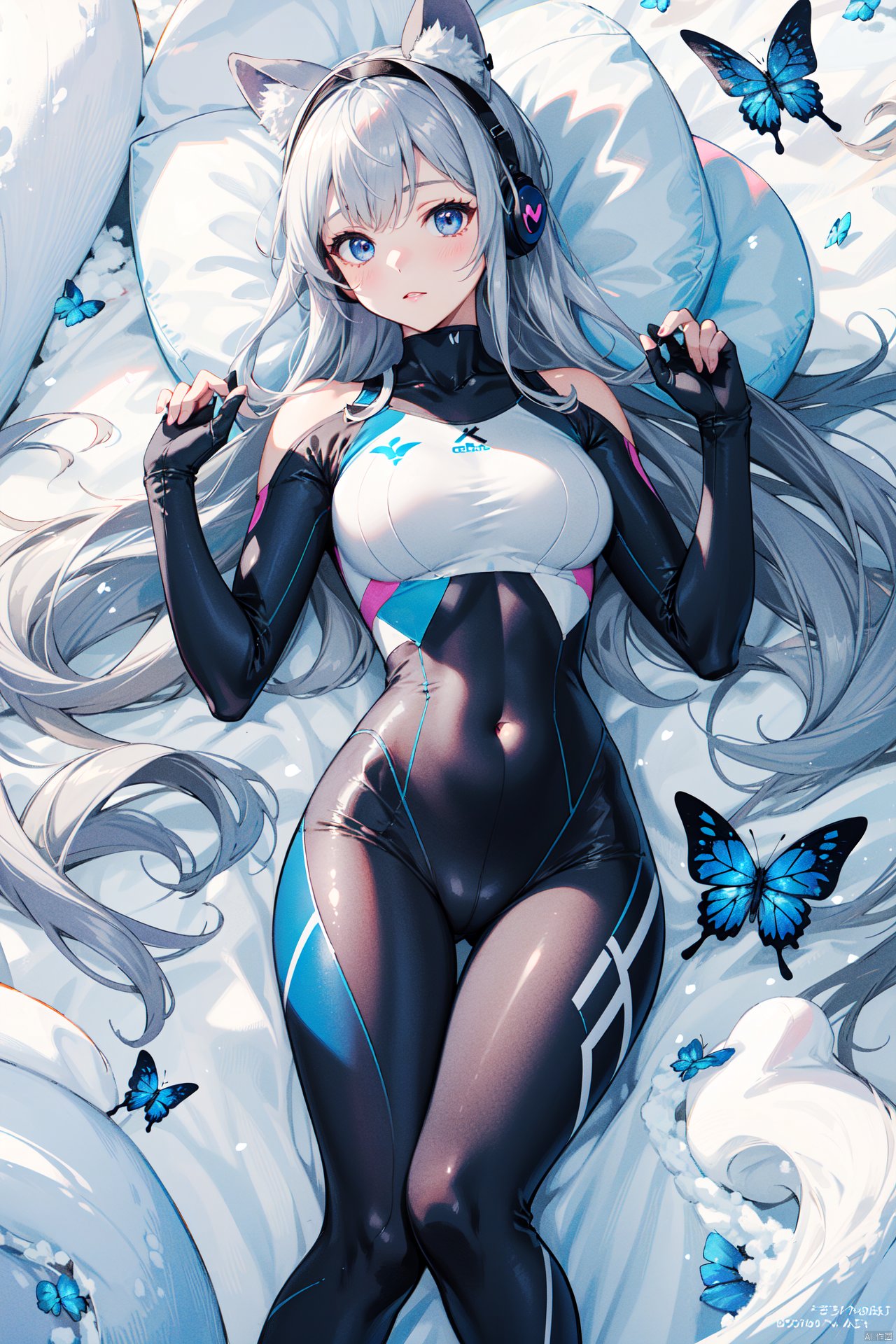 A serene winter wonderland scene captures the essence of a young girl, lying down in a sea of snow. She wears a tight, light gray yoga suit that accentuates her fair and transparent skin. Her multi-color hair is adorned with a pink butterfly headband, while white esports earphones dangle gently around her ears. The framing of the shot presents her figure in a heart-shaped composition, surrounded by a mesmerizing blue background featuring an abundance of blue heart shapes and flowers. Soft light illuminates her navel, creating a sense of intimacy. This masterpiece is presented in stunning 8K HDR quality, showcasing every delicate detail.