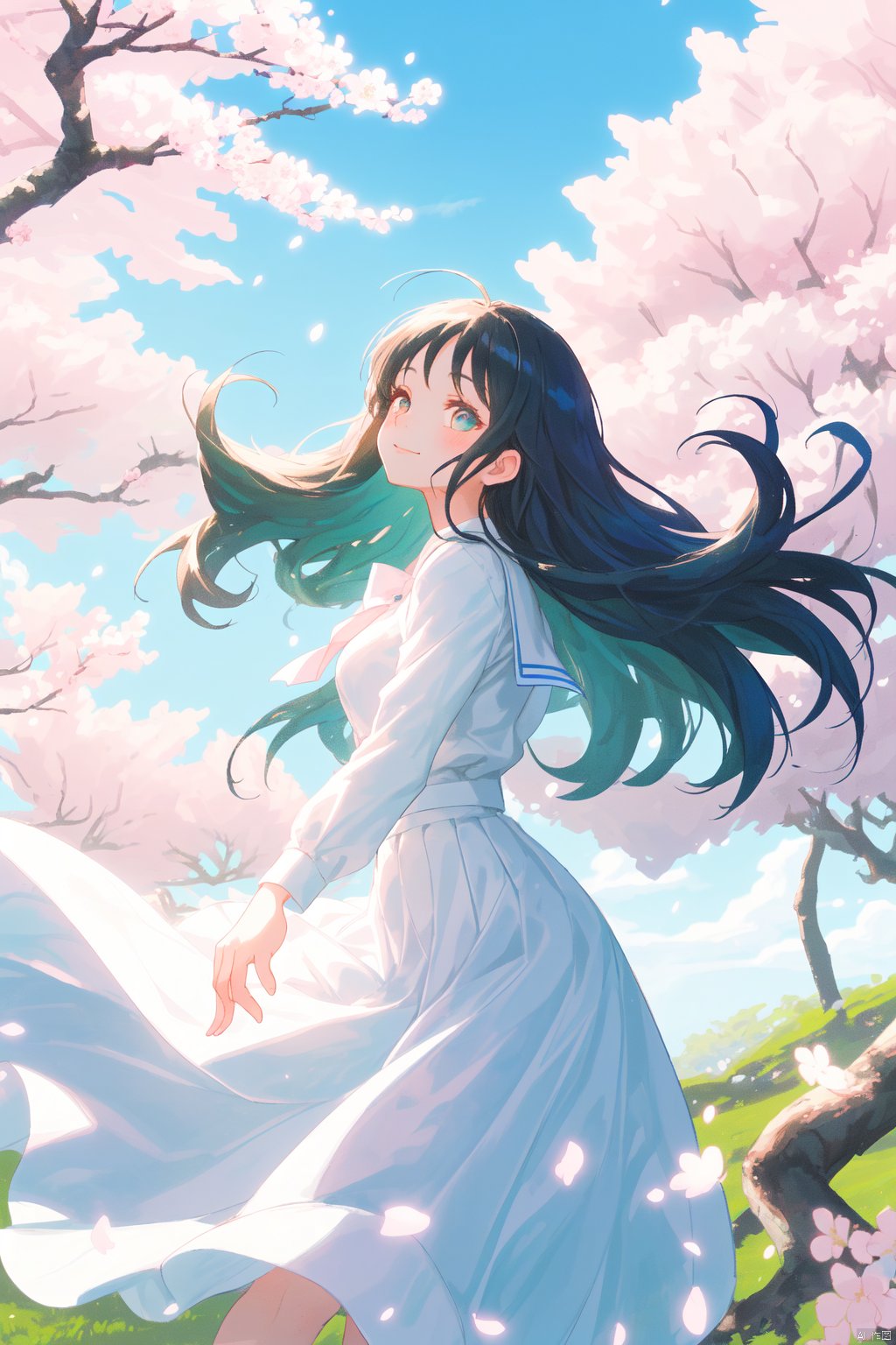 A stunning outdoor portrait of a girl in her JK uniform, featuring a striking combination of white and blue hues. She stands confidently outdoors, dressed in a crisp white blouse and a blue skirt, with long hair flowing gently in the breeze. Her face turns sideways, gazing off to the side with a subtle smile, as if lost in thought. The cherry blossom background creates a soft pink glow, while the bright blue sky above is dotted with fluffy white clouds. A lush green dress flows behind her, blending seamlessly into the surroundings.