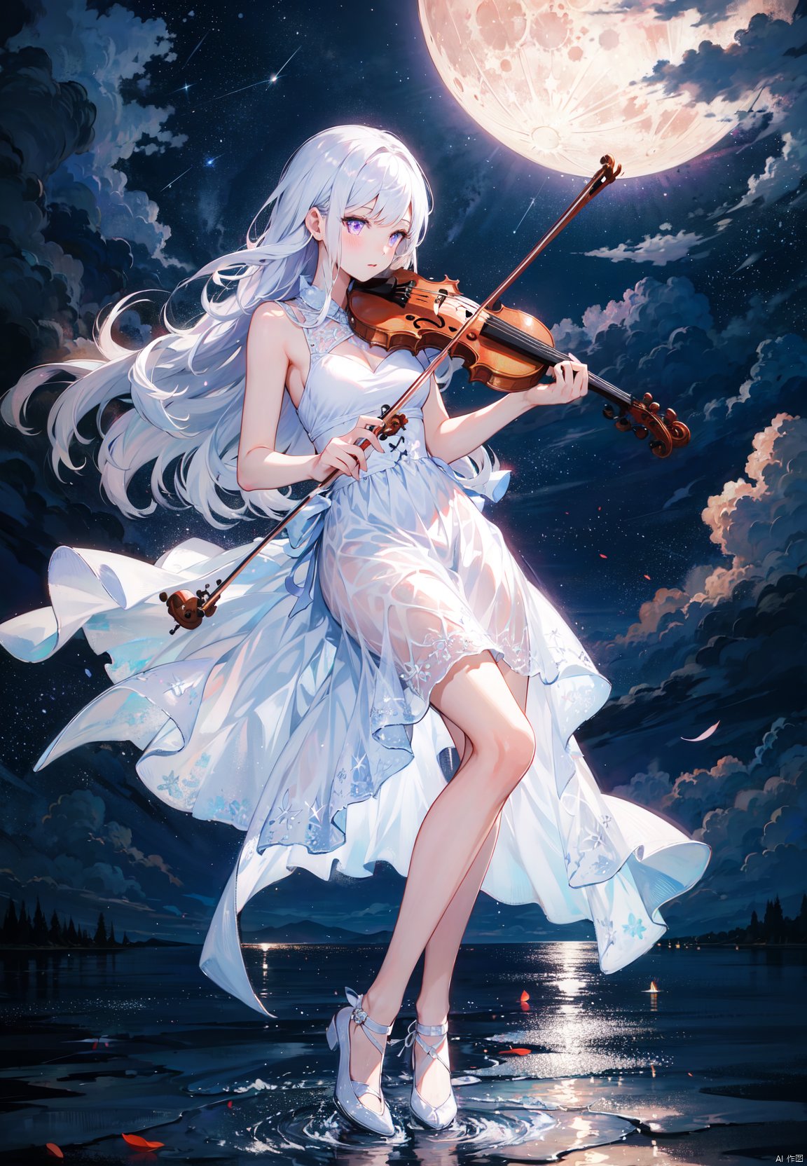 masterpiece, best quality, 1girl, full body,white hair,long hair,purple eyes, slim body,slim legs,playing violin,white dress,night,moon,shootig star,cloud,lakeshore,
