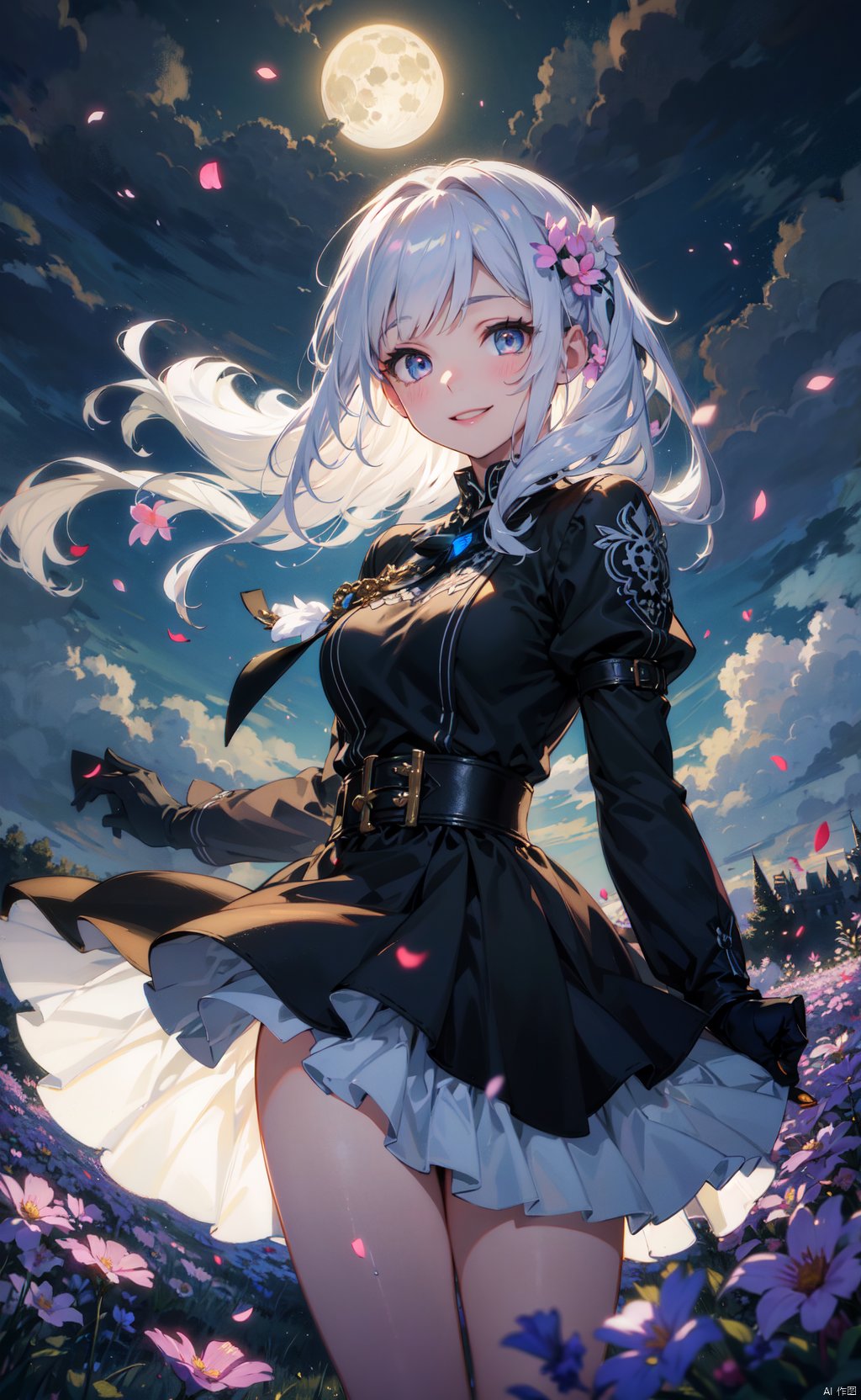 masterpiece, best quality, 1girl, (colorful),(delicate eyes and face), volumatic light, ray tracing, bust shot ,extremely detailed CG unity 8k wallpaper,solo,smile,intricate skirt,((flying petal)),(Flowery meadow) sky, cloudy_sky, moonlight, moon, night, (dark theme:1.3), light, fantasy, windy, magic sparks, dark castle,white hair
